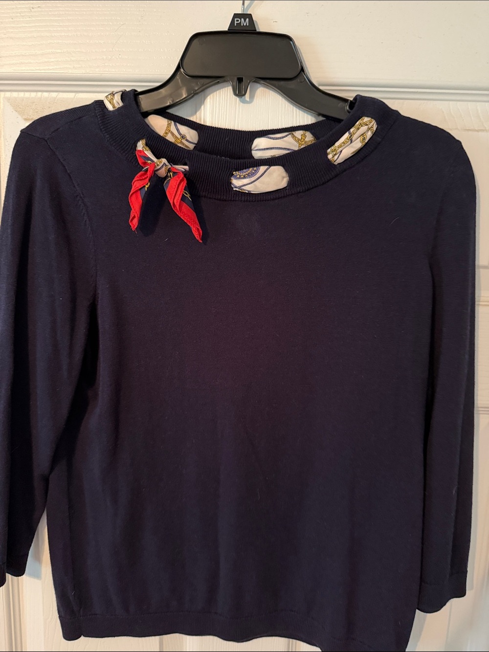 Talbots Navy Long-Sleeve Knit Top with Red Scarf Tie